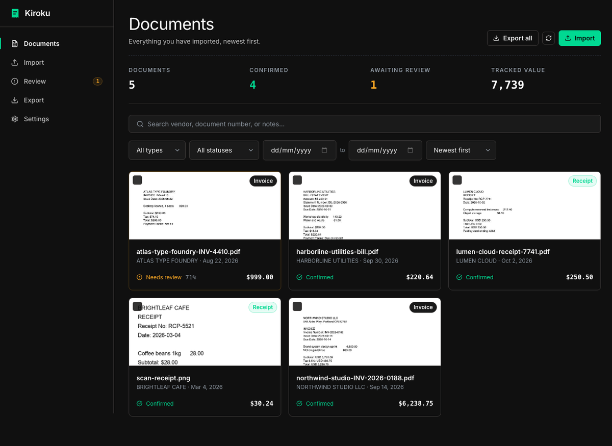 Kiroku's document list, showing imported invoices with extracted vendors, dates, and totals.